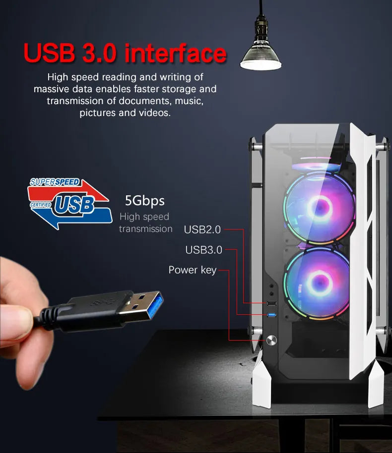 Ark ATX Mid-Tower PC Gaming Case, Non-Closed Case Tempered Glass Panel, 5 x Case Fans Installation Position - Front IO USB 3.0 Port, White - Not Include Fans Ark ATX Mid-Tower PC Gaming Case, Non-Closed Case Tempered Glass Panel, 5 x Case Fans Installation Position - Front IO USB 3.0 Port, White - Not Include Fans